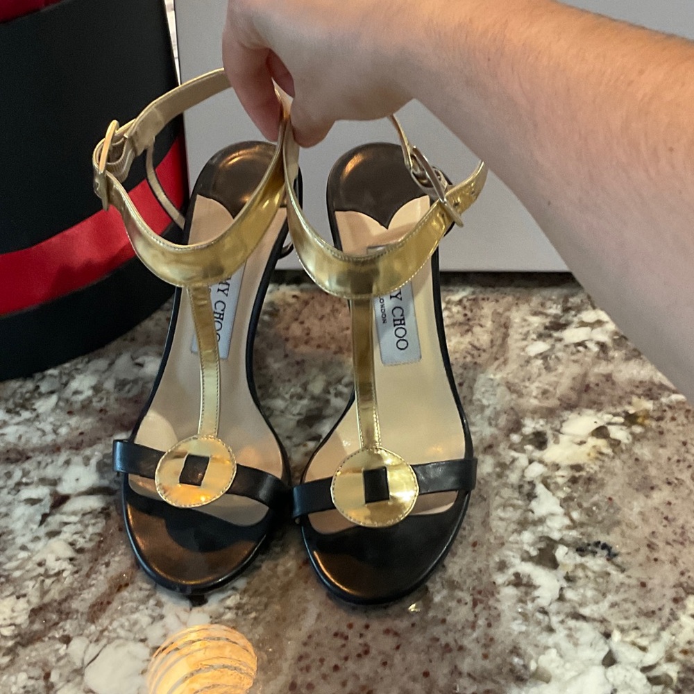 Jimmy Choo Black and Gold Heels